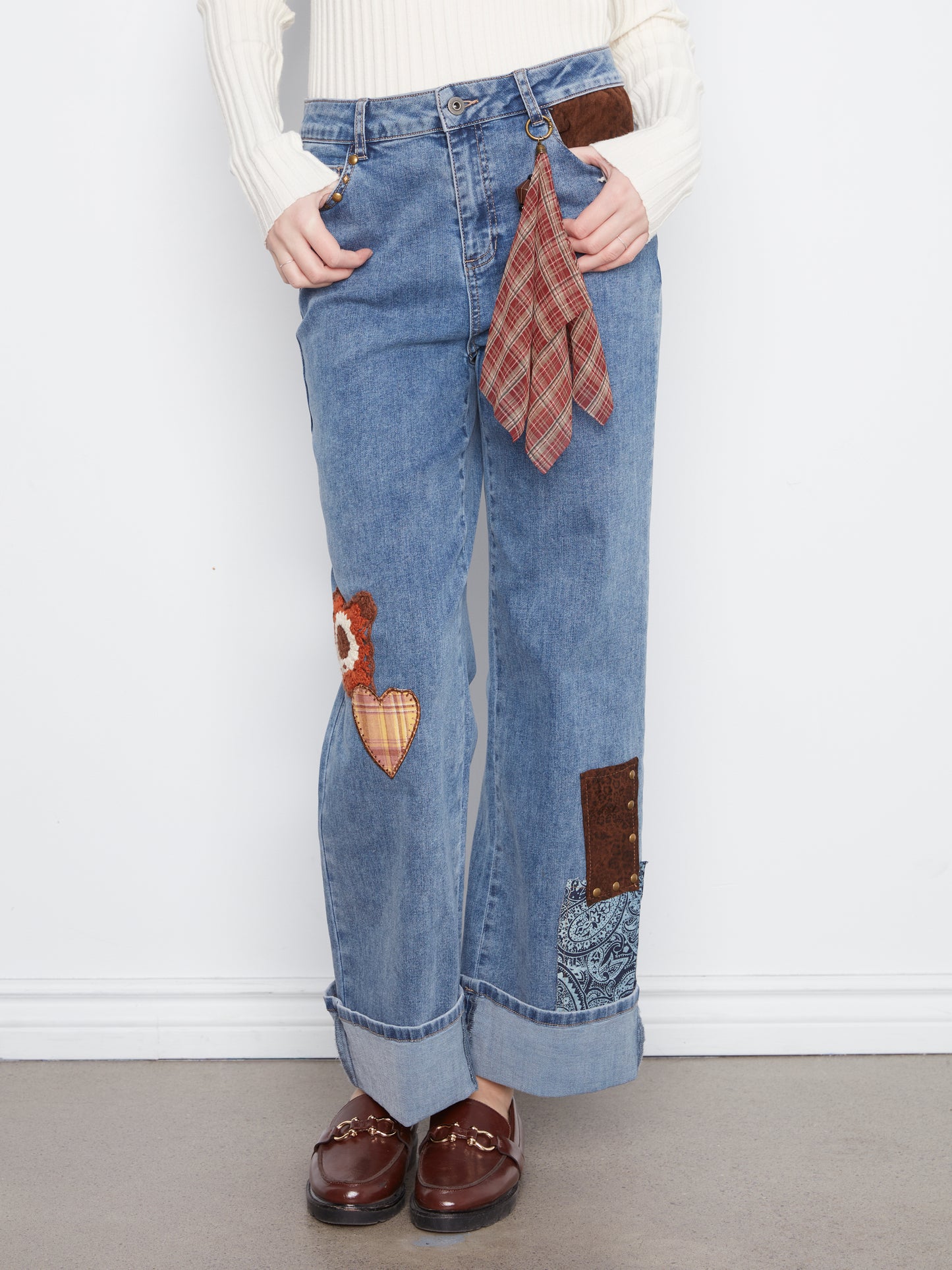 Charlie B Straight Leg Cuffed Pants w/Patches and Studs Medium Blue C5852-431A-156