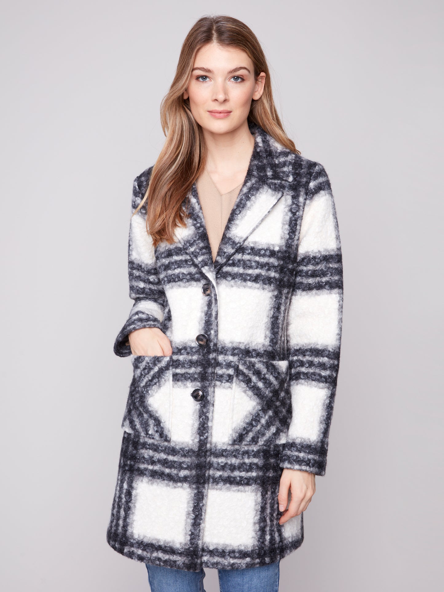 Charlie B Plaid Boucle Knit Tailored Collar Coat Black/White C6141Z-707A-P032