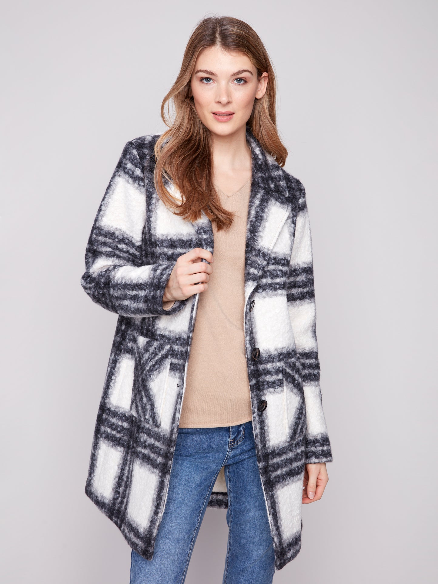 Charlie B Plaid Boucle Knit Tailored Collar Coat Black/White C6141Z-707A-P032