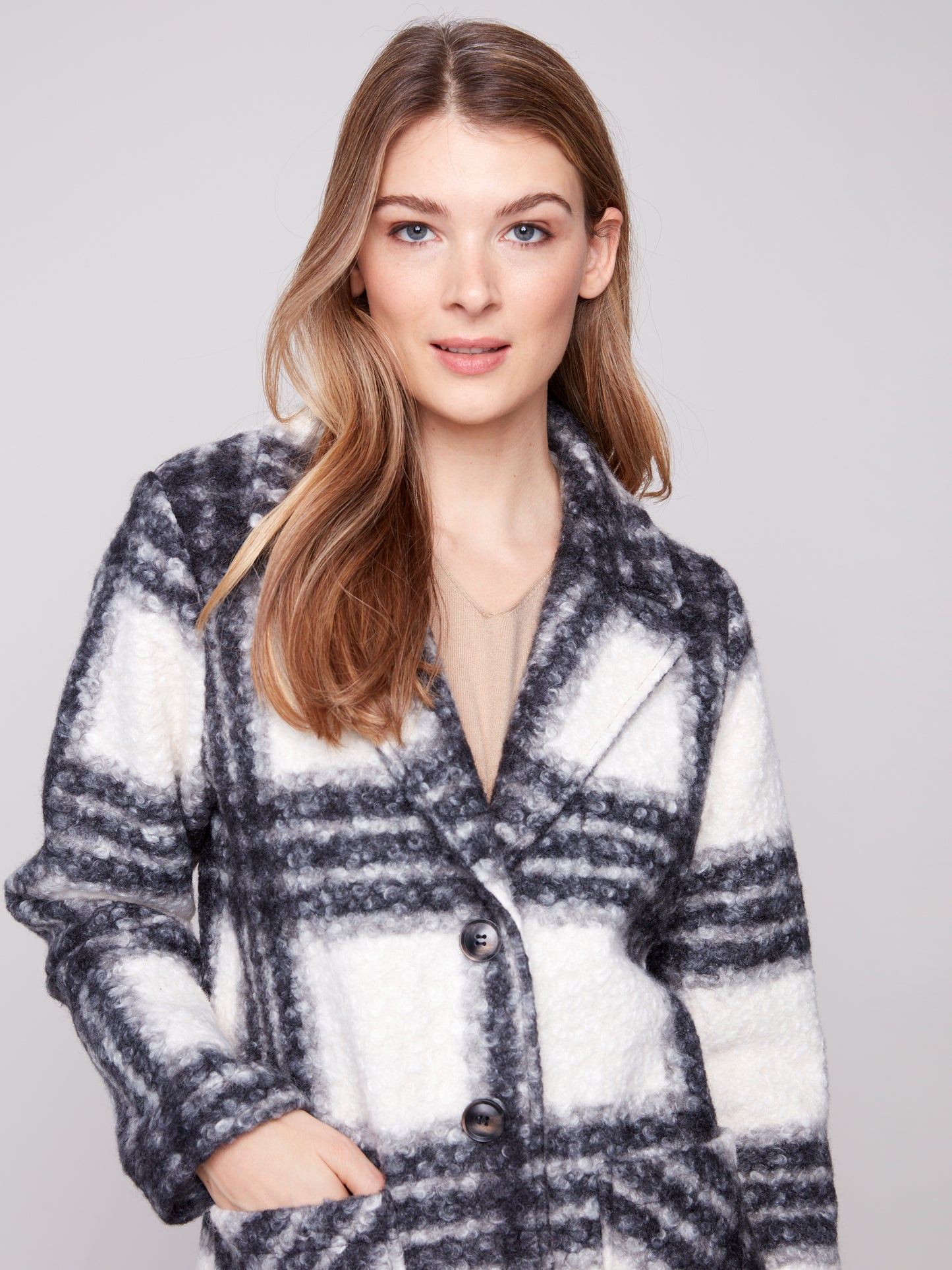 Charlie B Plaid Boucle Knit Tailored Collar Coat Black/White C6141Z-707A-P032