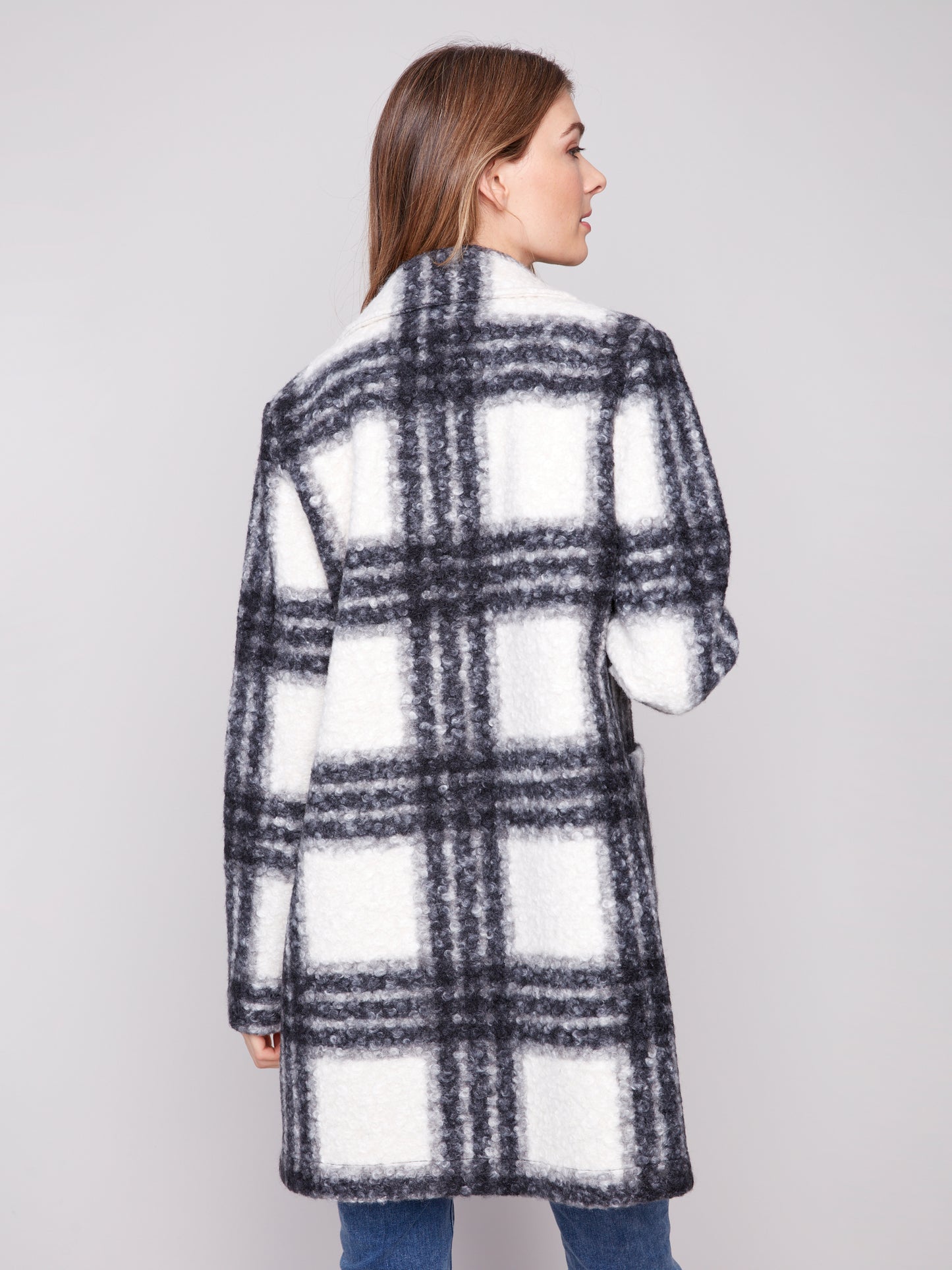 Charlie B Plaid Boucle Knit Tailored Collar Coat Black/White C6141Z-707A-P032
