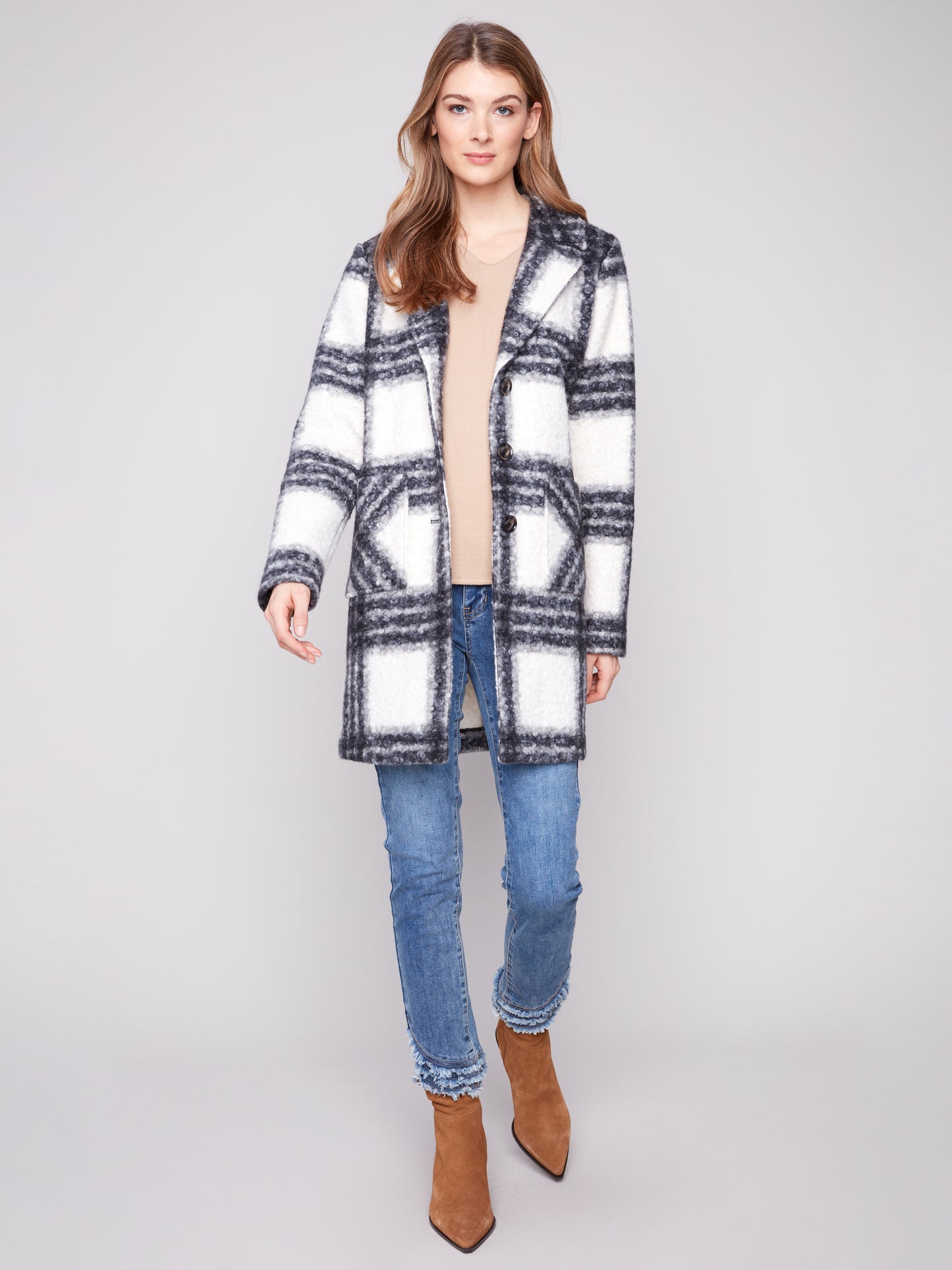 Charlie B Plaid Boucle Knit Tailored Collar Coat Black/White C6141Z-707A-P032