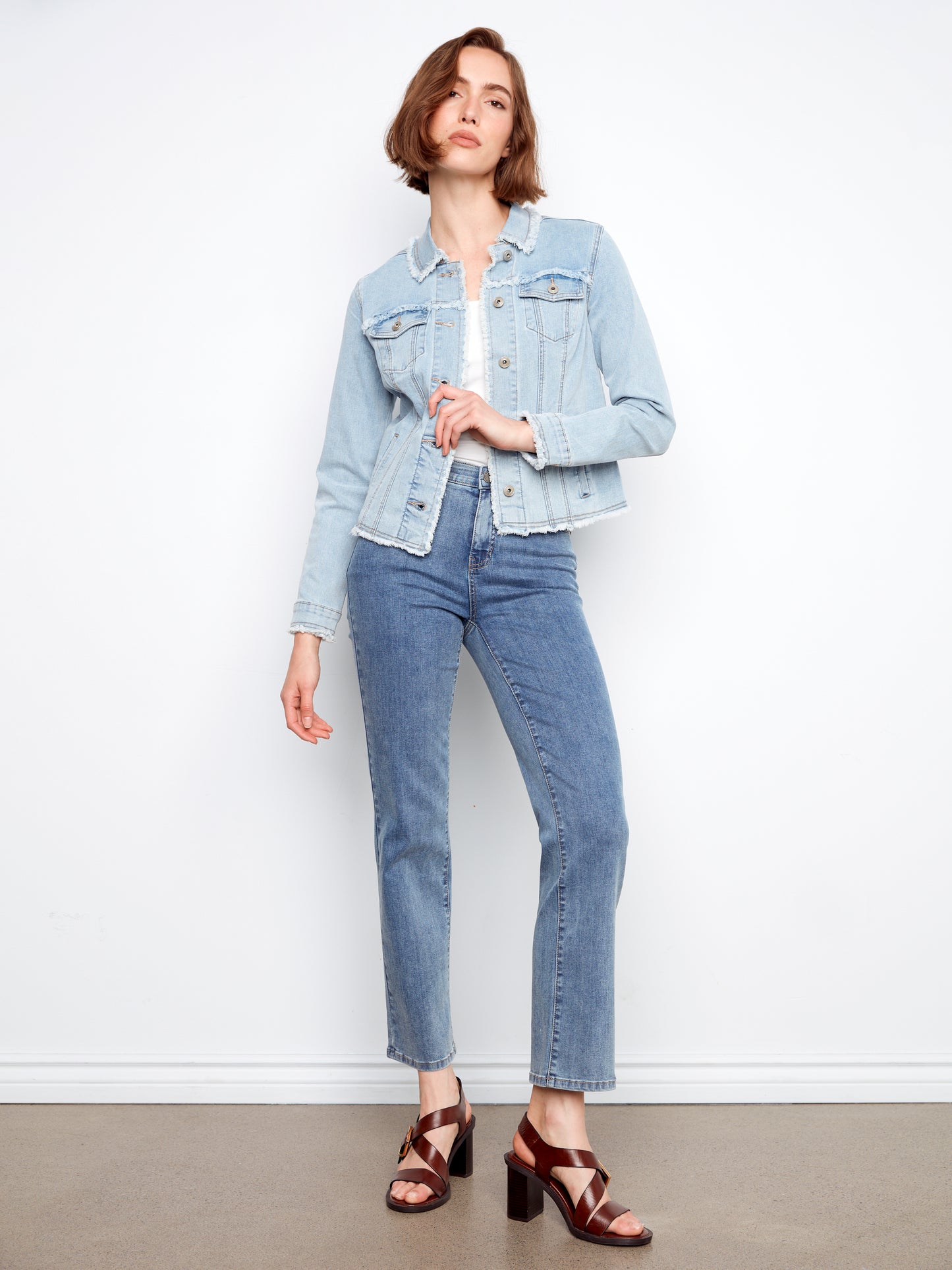 Charlie B Fringe Edges Stretch Denim Jacket Bleach Blue C6233XX-431A-243