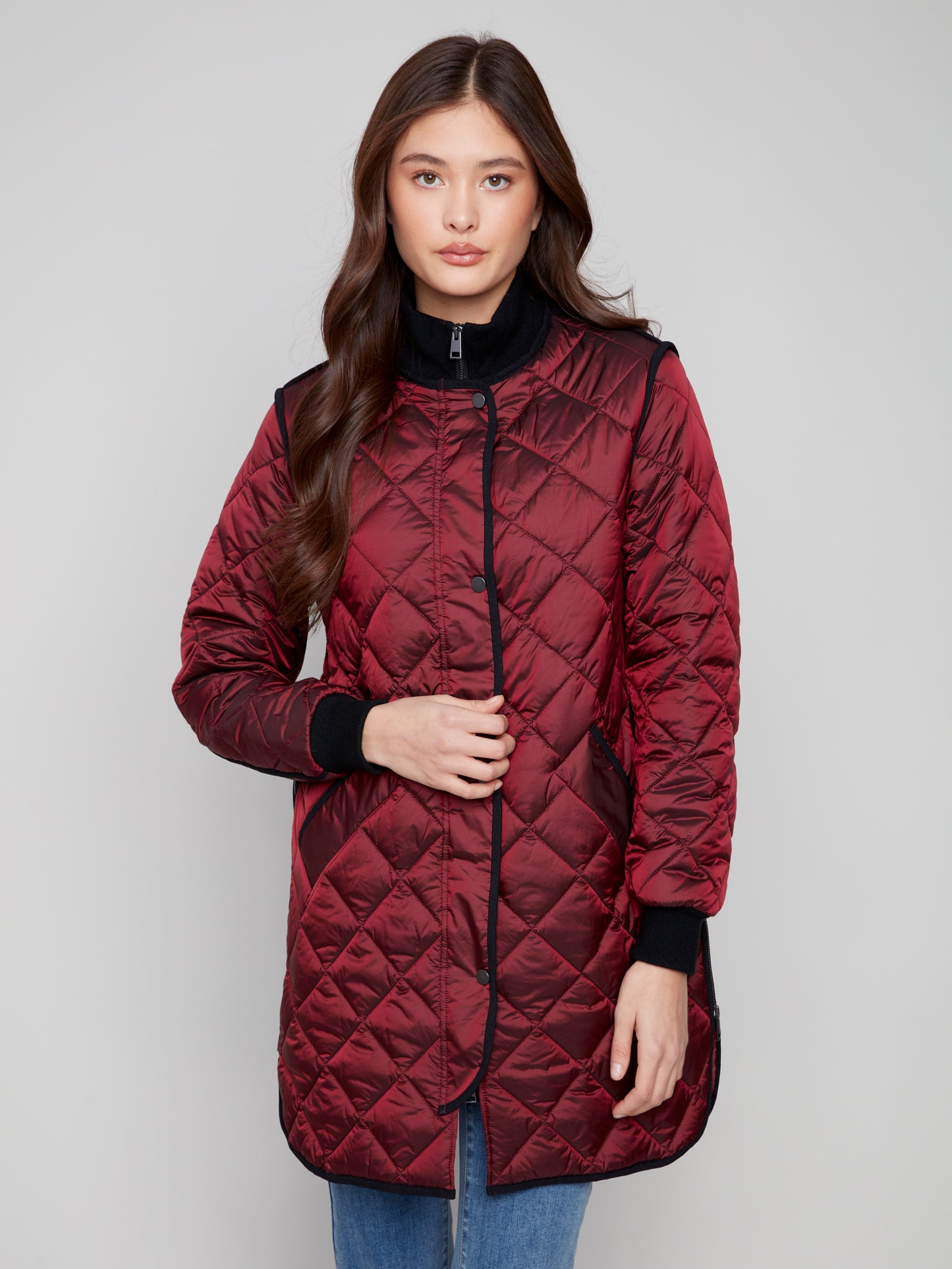 Charlie B Long Quilted Puffer Jacket Cabernet C6253RR-135B-667