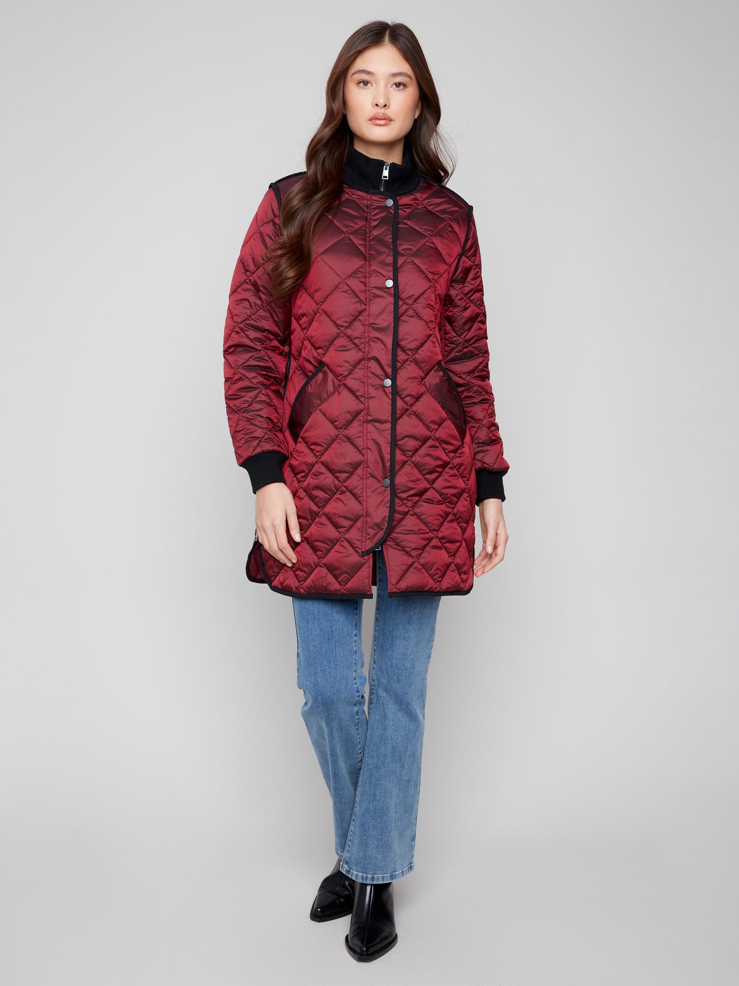 Charlie B Long Quilted Puffer Jacket Cabernet C6253RR-135B-667