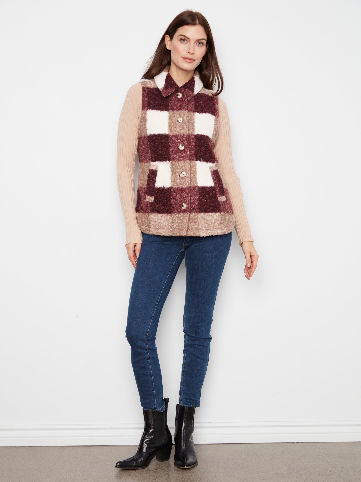 Charlie B Plaid Boucle Knit Vest Jacket Merlot C6319RR-707A-P320