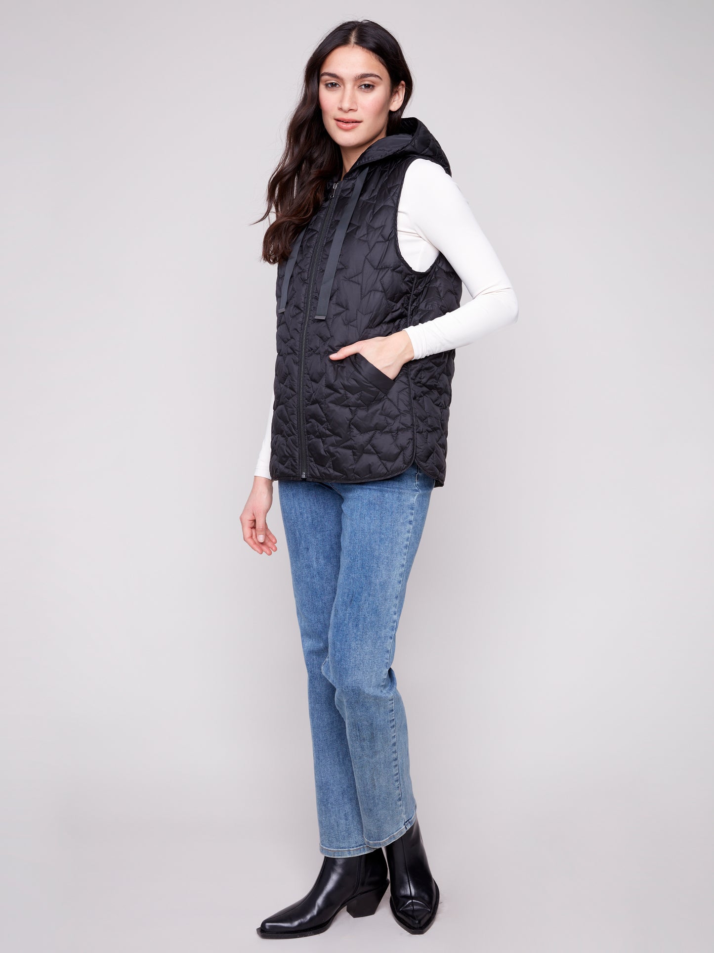 Charlie B Star Quilted Short Vest Black C6364-388B-001