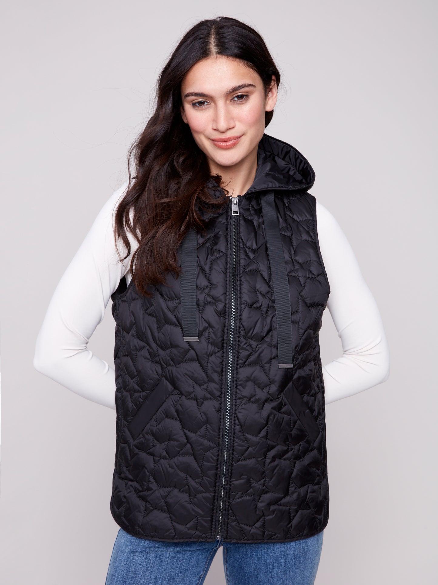 Charlie B Star Quilted Short Vest Black C6364-388B-001