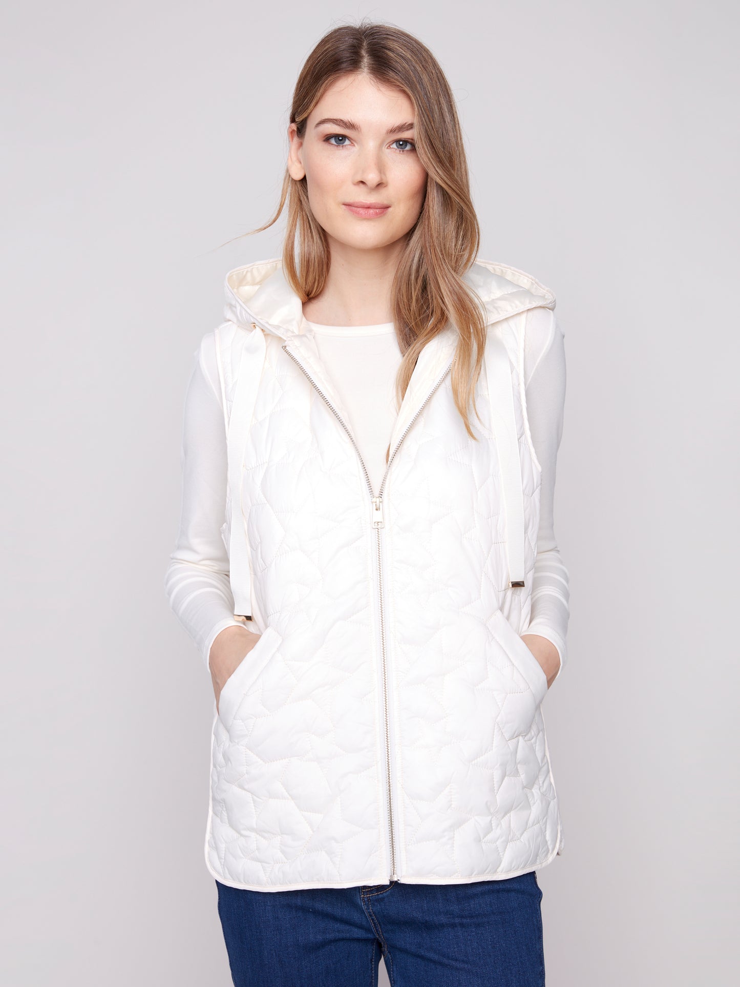 Charlie B Star Quilted Short Vest Ecru C6364-388B-276