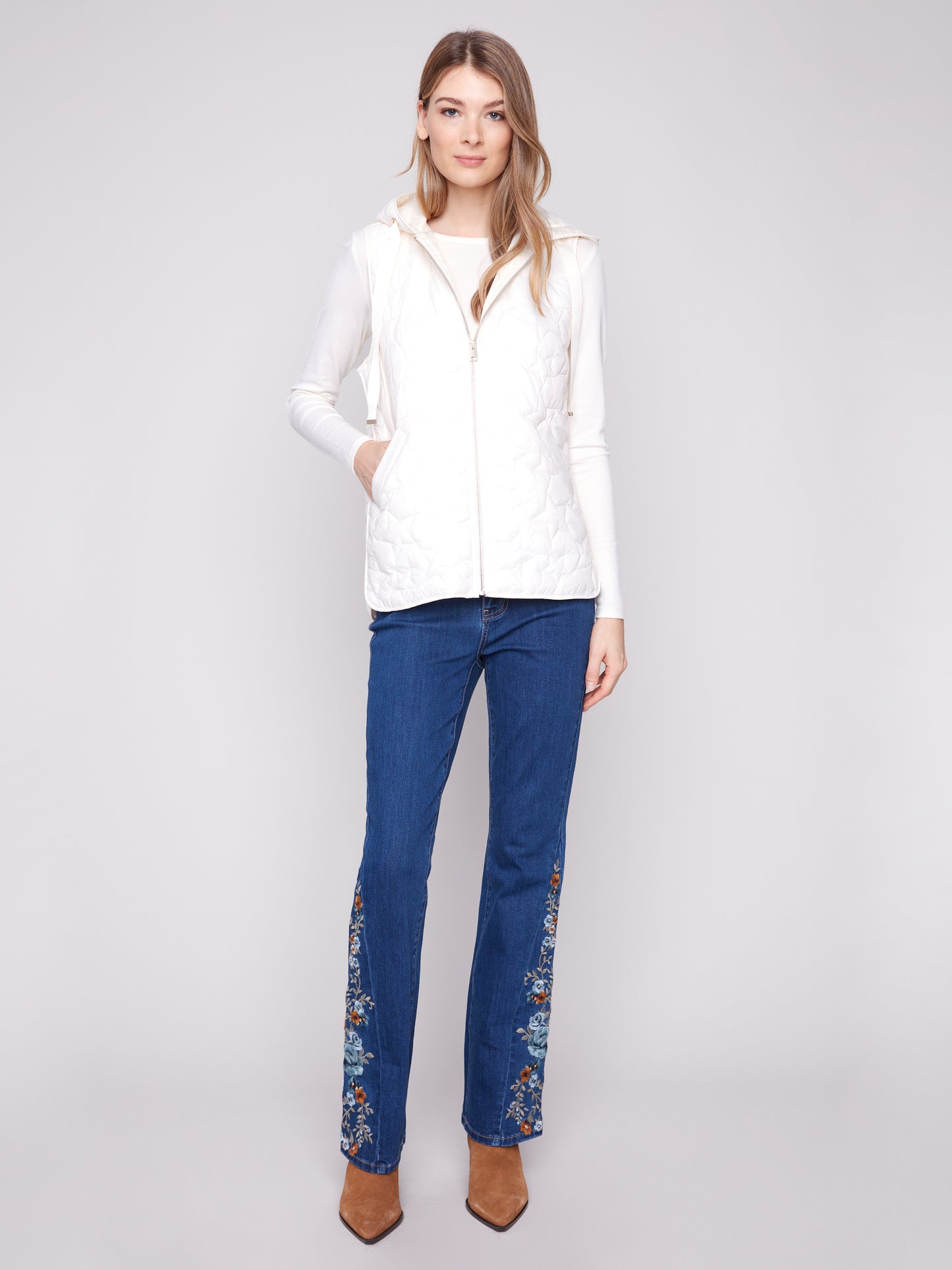 Charlie B Star Quilted Short Vest Ecru C6364-388B-276