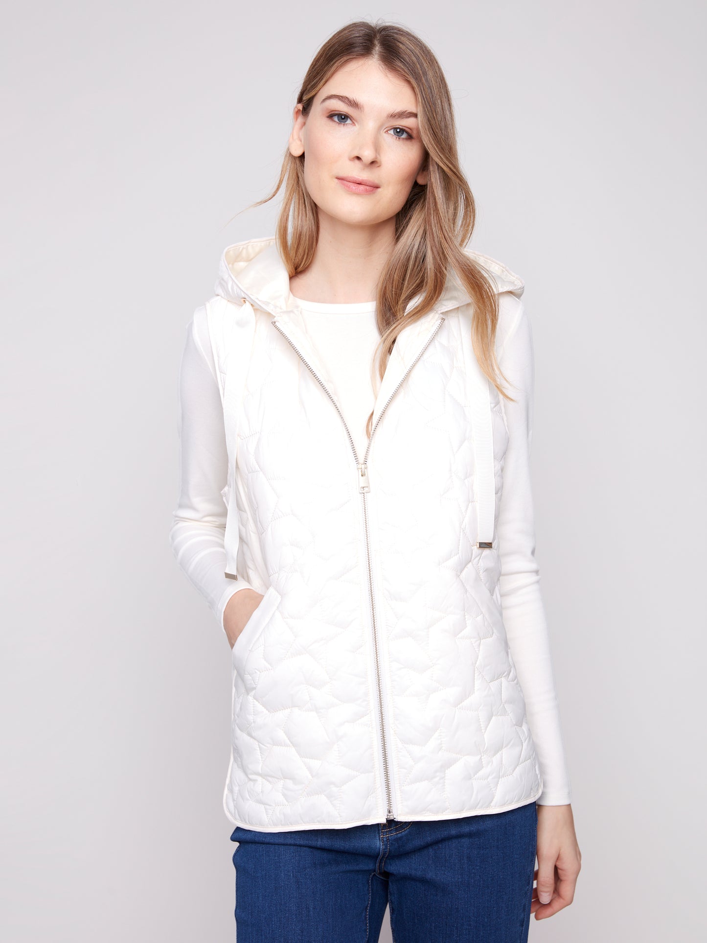 Charlie B Star Quilted Short Vest Ecru C6364-388B-276