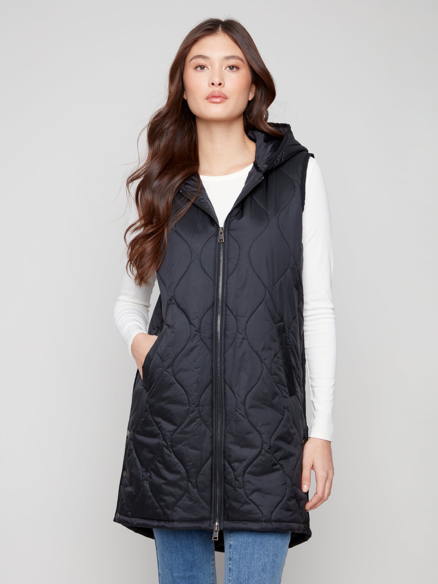 Charlie B Pearlized Long Vest Black C6365-135B-001
