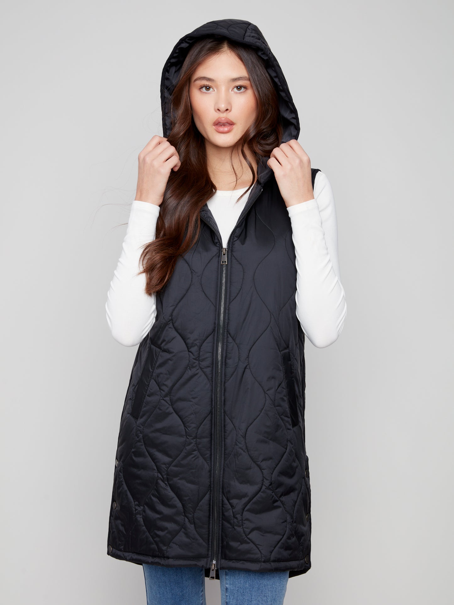 Charlie B Pearlized Long Vest Black C6365-135B-001