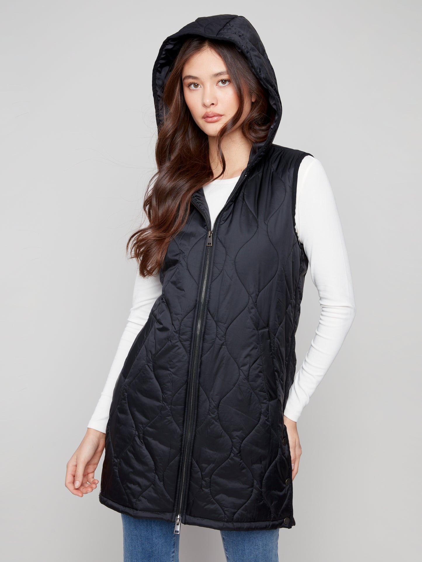 Charlie B Pearlized Long Vest Black C6365-135B-001