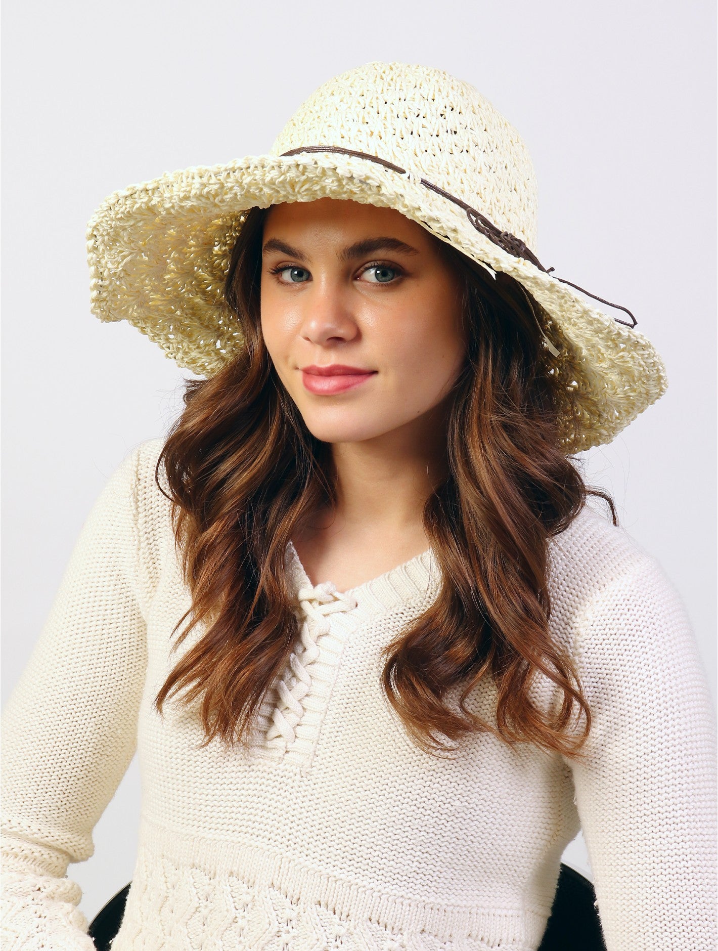 Weaved Summer Sunhat w/String Bow Cream HAT1279-01CRM