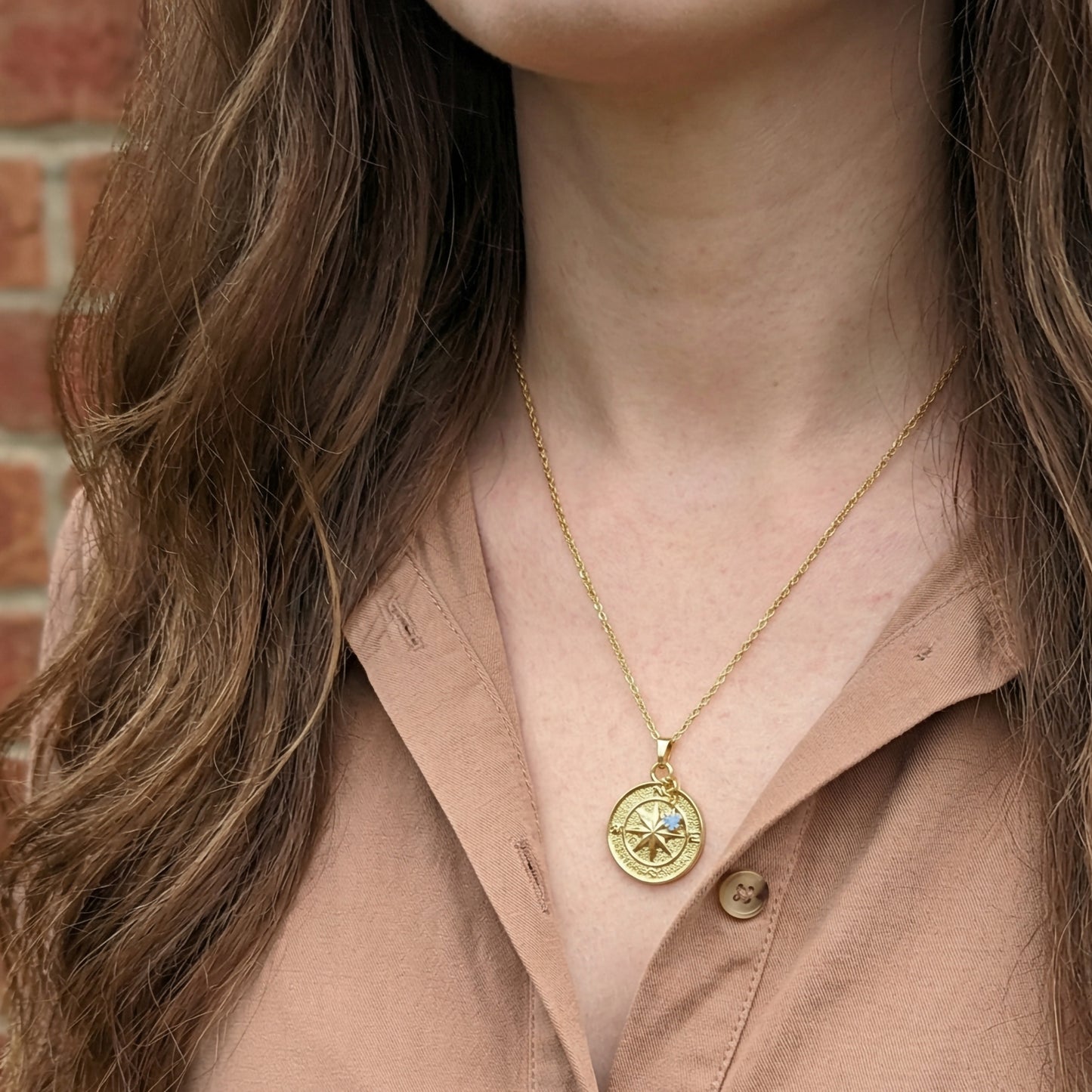 J&J Designs 20” Gold Stainless Steel Compass Necklace w/Star Gemstone HAYDEN
