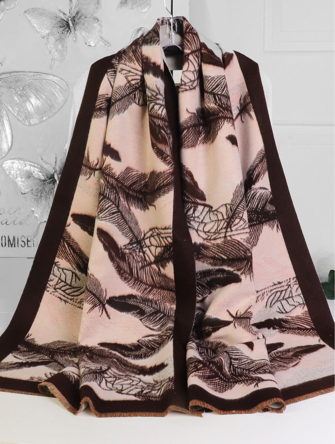 Cherie Bliss Feather Design Premium Scarf Brown SF206702BRN