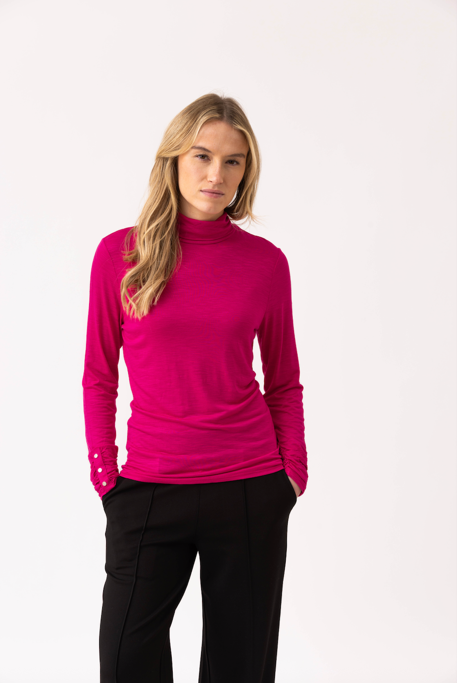 Marble Classic Fit Polo Neck Top w/Ruch Cuff & Branded Button Detail Fuchsia 6400-126