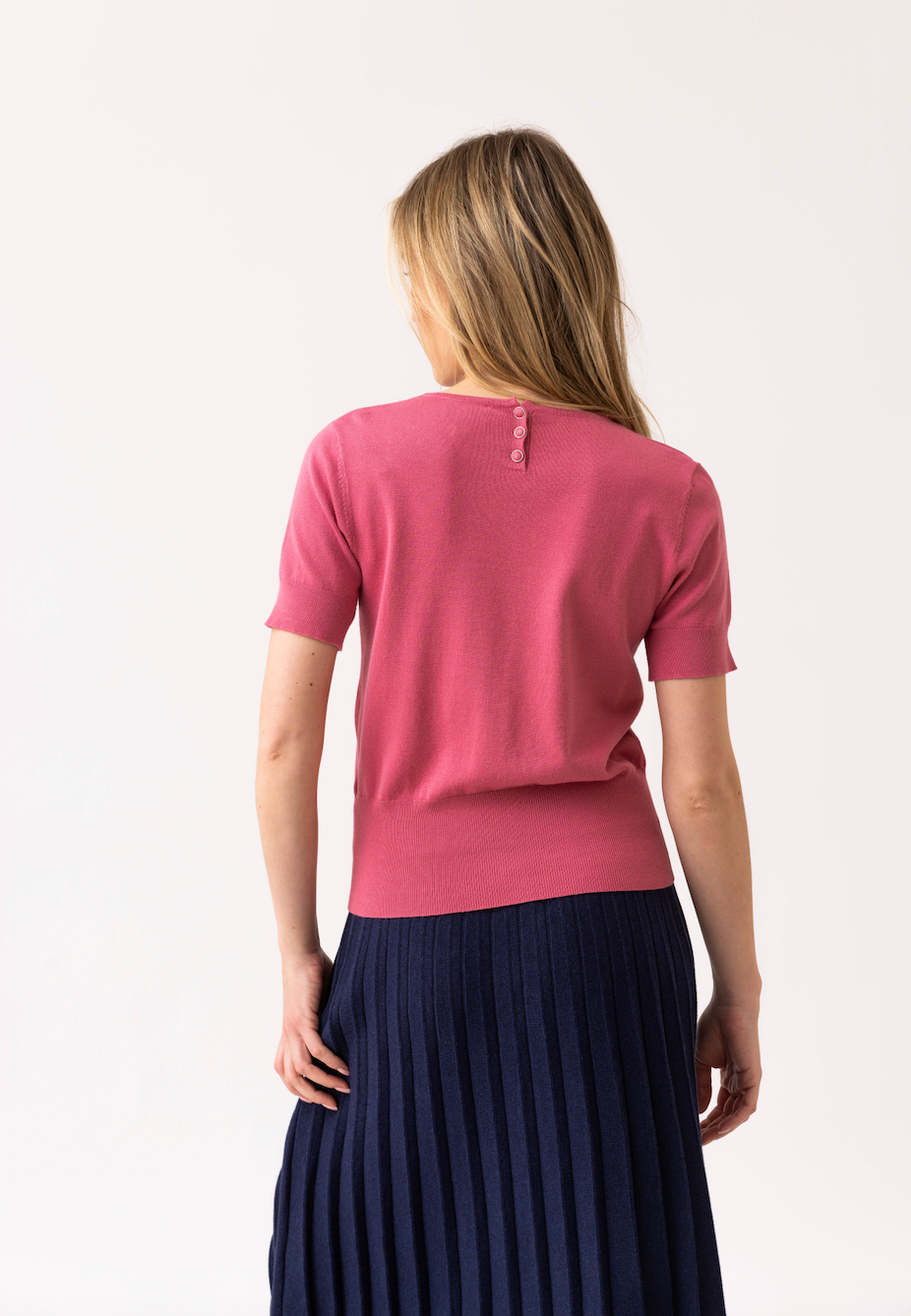 Marble Round Neck Short Sleeve Sweater w/Buttons at Back Neck Rose 7512-230