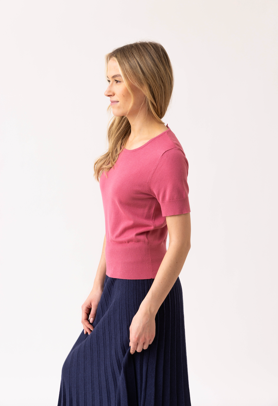 Marble Round Neck Short Sleeve Sweater w/Buttons at Back Neck Rose 7512-230