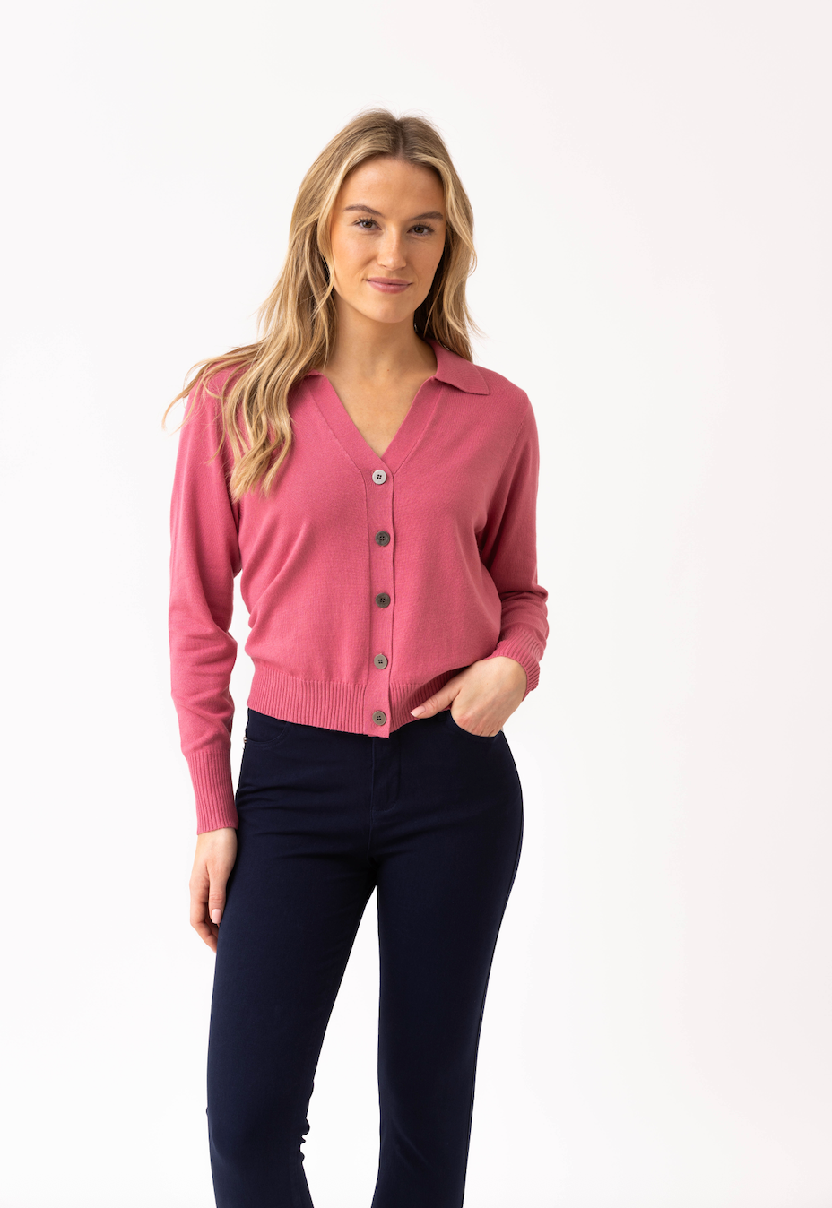 Marble Button Front V-Neck Cardigan Rose 8005-230