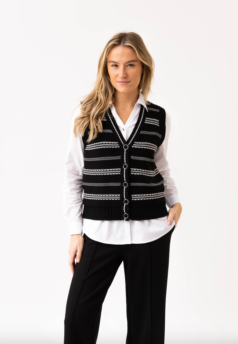 Marble Button Down Vest Cardigan Ivory 8045-104