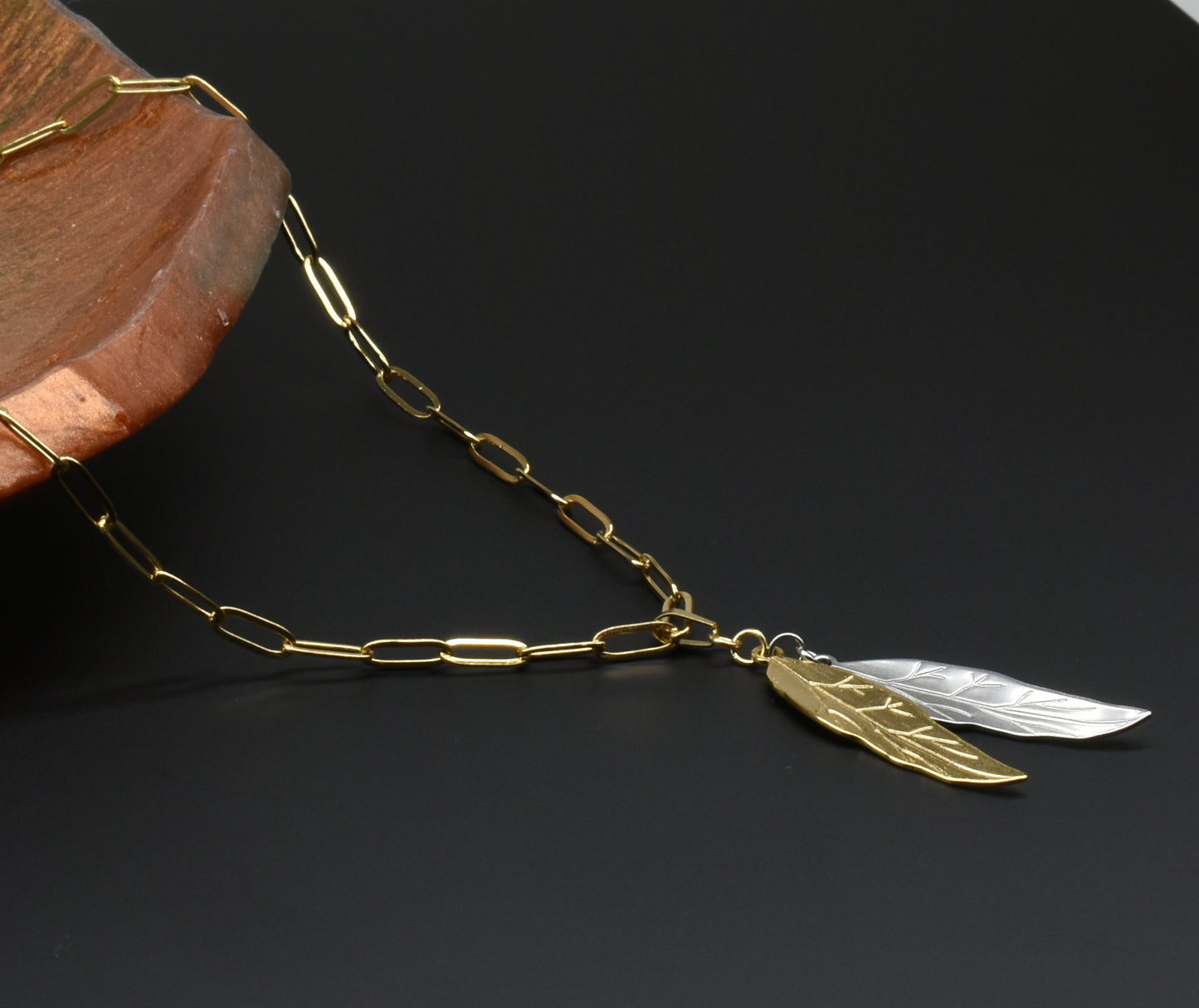 J&J Designs 20” Gold Stainless Steel Paperclip Chain & Feathers SELENE