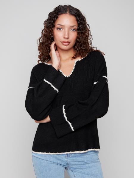 Charlie B Notched Neck Rib Embroidered Sweater Black C2879-365C-P001