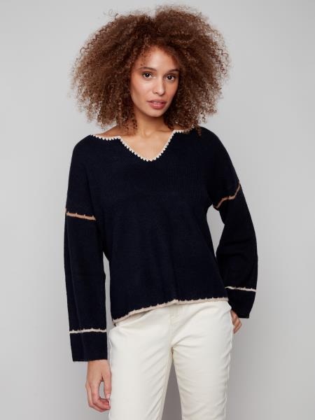 Charlie B Notched Neck Rib Embroidered Sweater Navy C2879-365C-P117
