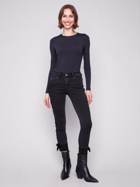 Charlie B Slim Leg 5 Pocket Stretch Denim Pants w/Velvet Bow Trim Charcoal C5123RR-551A-038