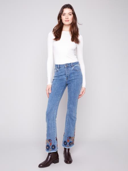 Charlie B Flare Leg Stretch Denim Pants w/Embroidery Medium Blue C5667-431A-156