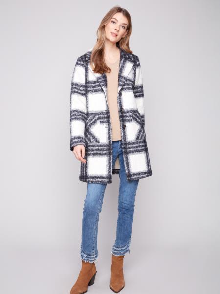 Charlie B Plaid Boucle Knit Tailored Collar Coat Black/White C6141Z-707A-P032