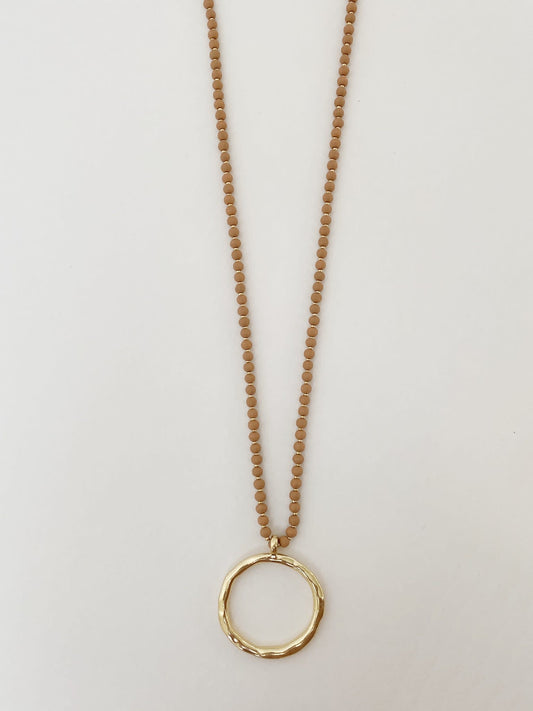 Caracol Beaded Wood Necklace w/Hammered Metal Ring 1526-PNK