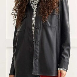 Tribal Button Front Faux Leather Jacket w/Pockets Black 12130-4610-0002