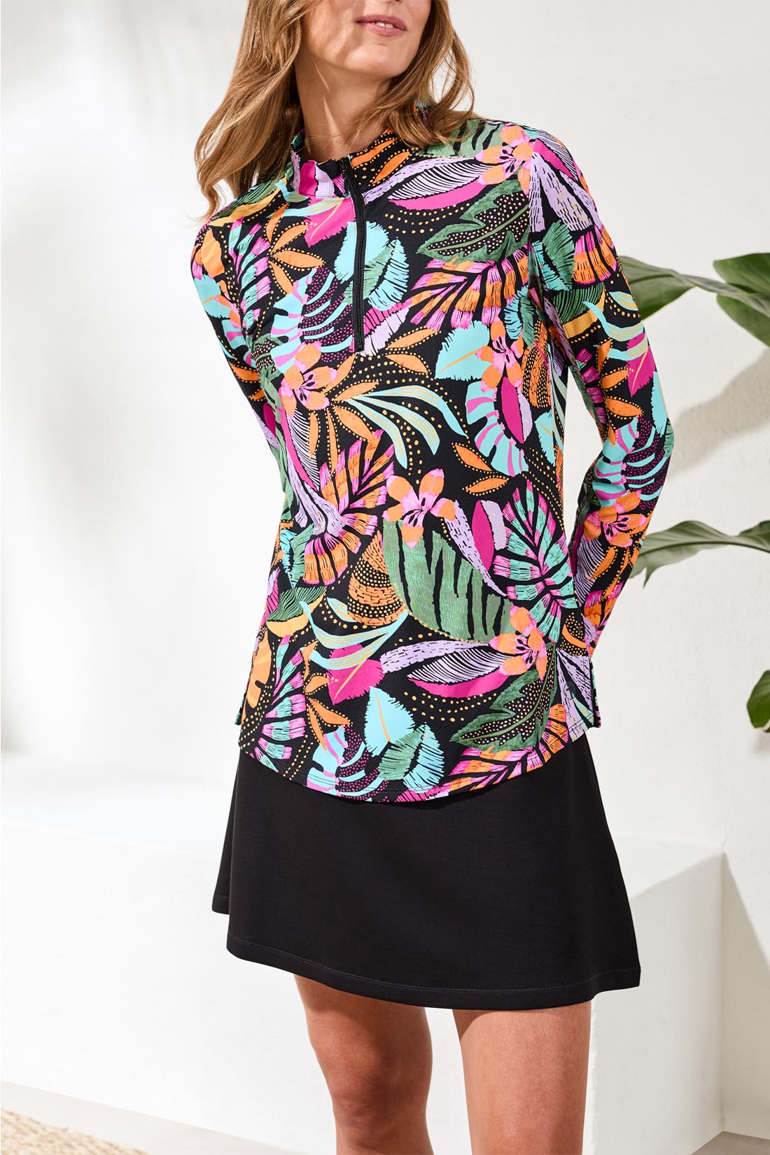 Tribal Long Sleeve Mock Neck Top w/Side Slits Tropical 14100-3024-2702