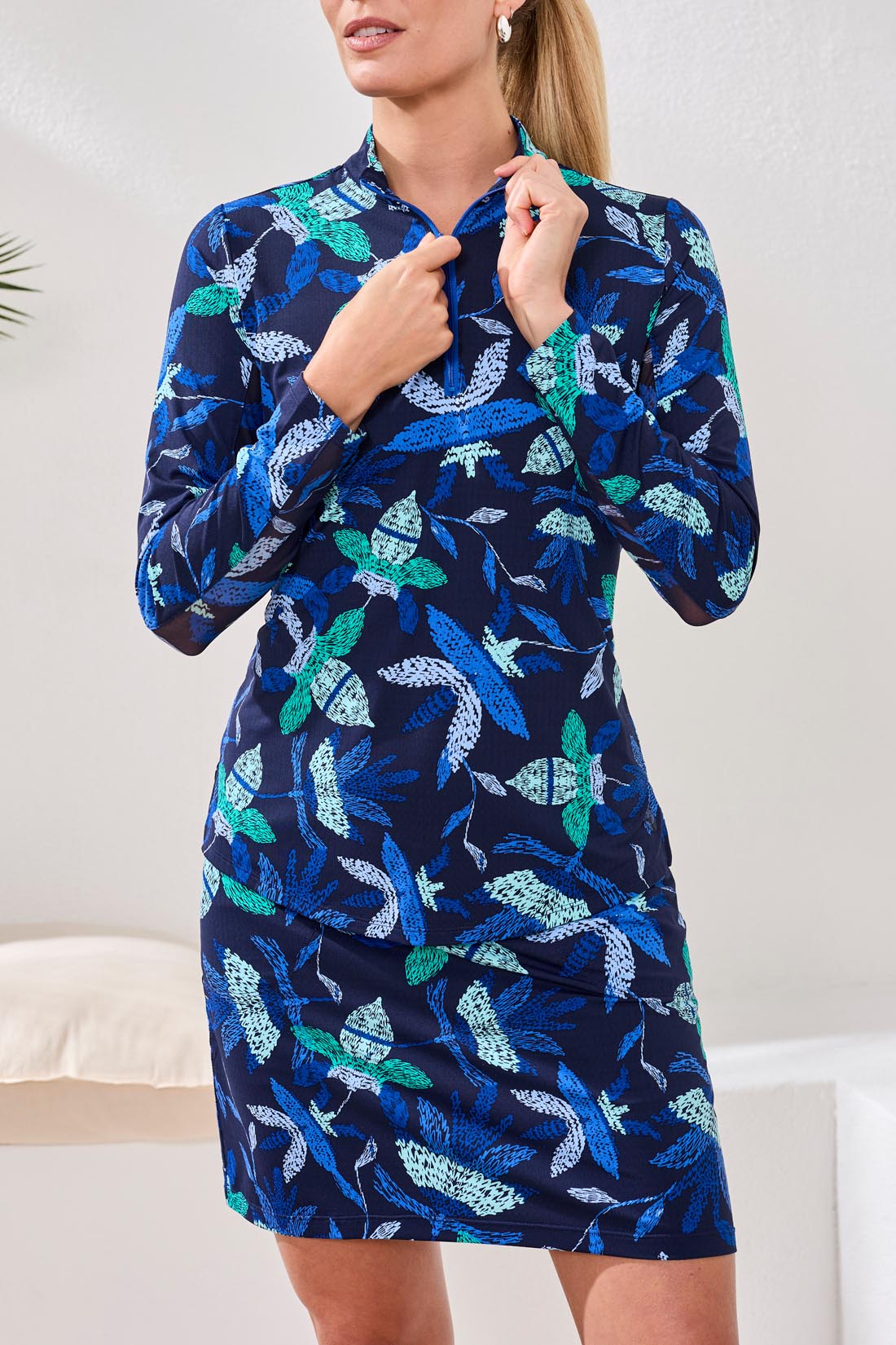 Tribal Long Sleeve Mock Neck Top w/Side Slits Blue Surf 14100-3024-2773