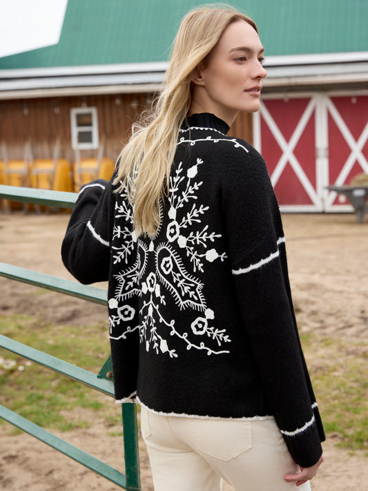 Charlie B Notched Neck Rib Embroidered Sweater Black C2879-365C-P001