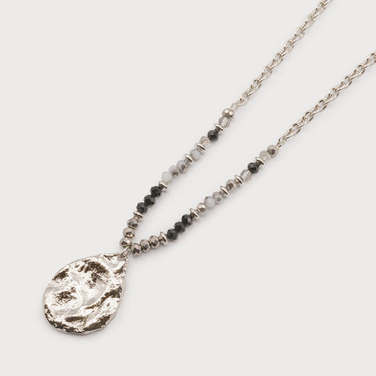 Caracol Long Pendant w/Hammered Metal Piece & Glass Beads 1709-BLK-S