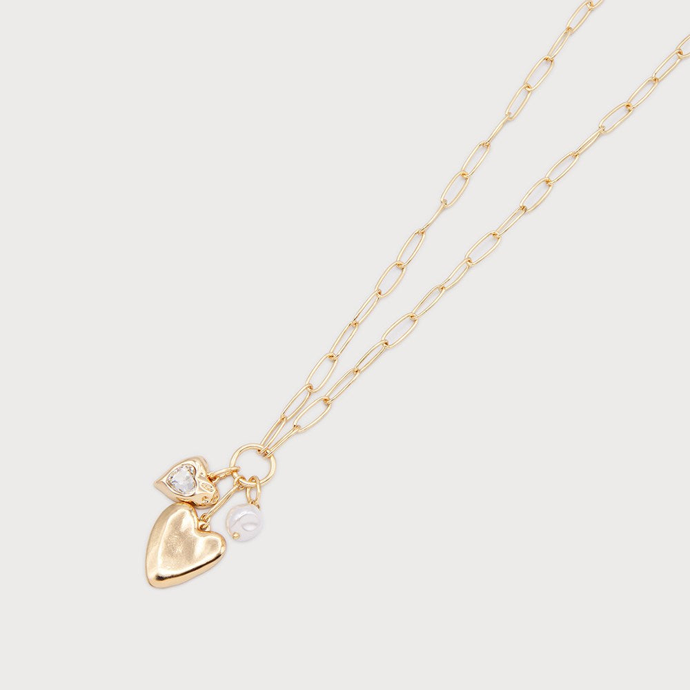 Caracol Hammered Heart Pendant w/Imitation Pearl Gold 1825-GLD