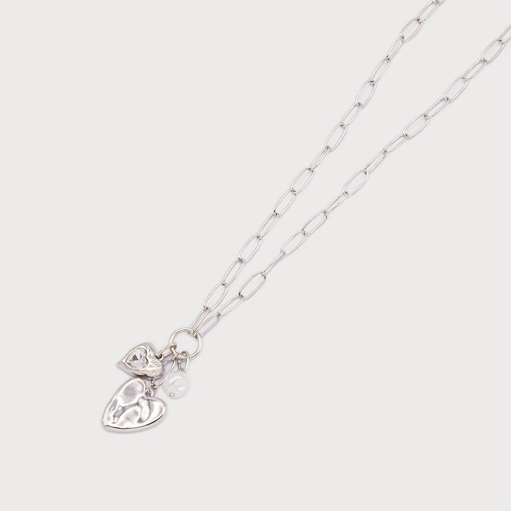 Caracol Hammered Heart Pendant w/Imitation Pearl Silver 1825-SLV