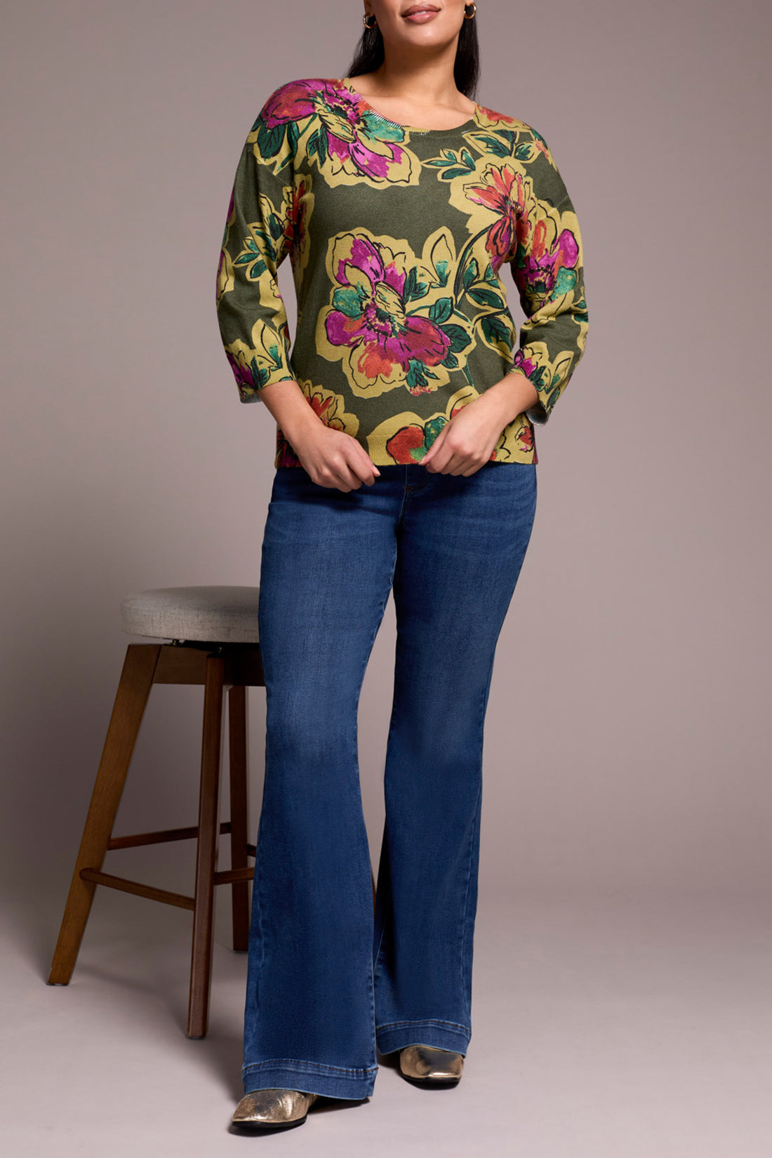 Tribal 3/4 Sleeve Crew Neck Sweater Chive 21750-8169-2400