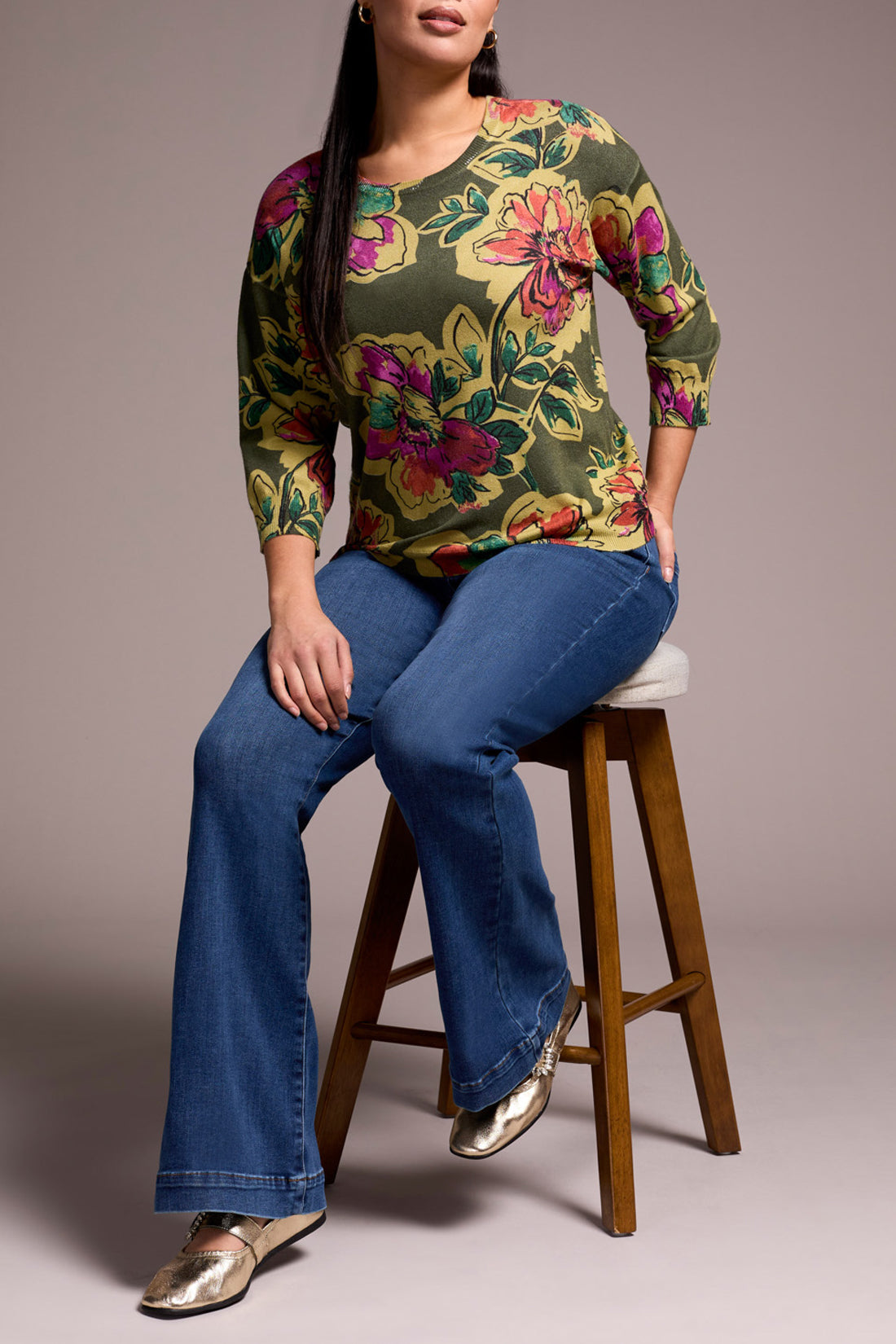 Tribal 3/4 Sleeve Crew Neck Sweater Chive 21750-8169-2400