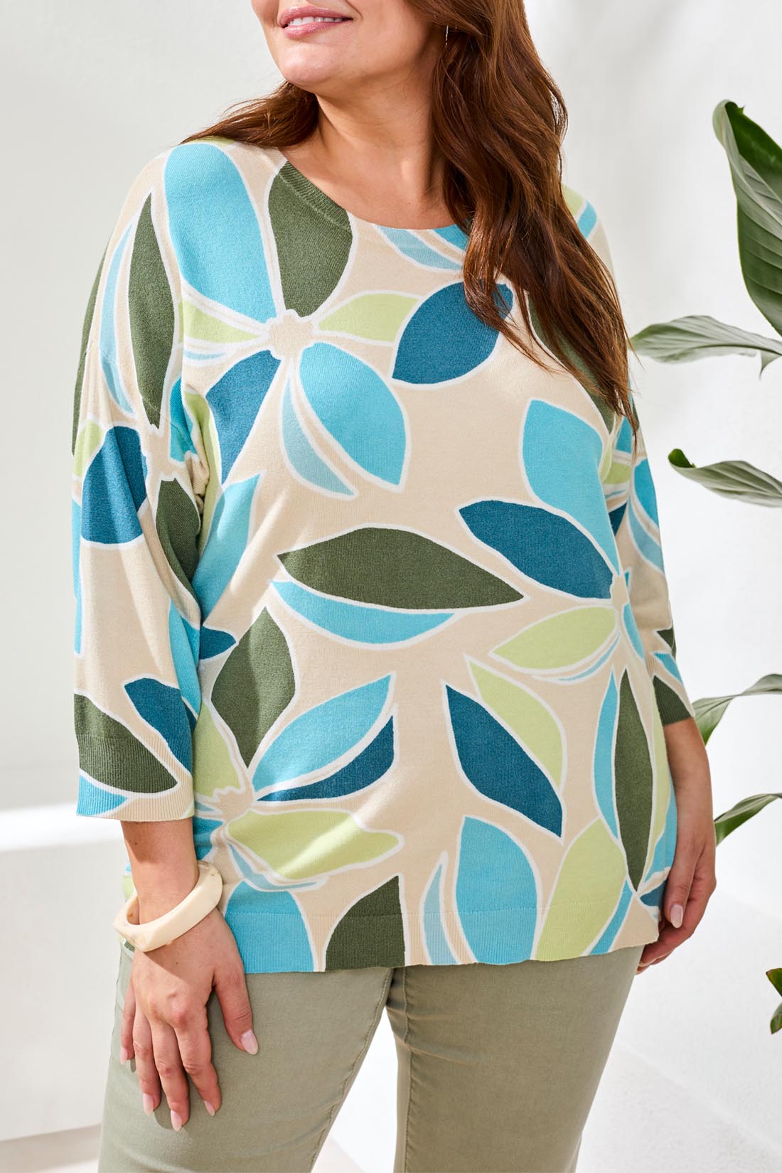 Tribal 3/4 Sleeve Crew Neck Sweater Aqua Sky 21750-8169-1036