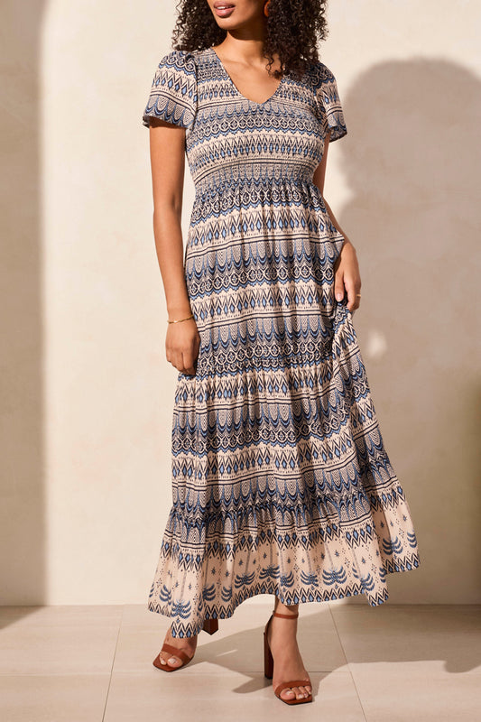 Tribal Lined S/S Ruched Top Maxi Dress Scuba Blue 22260-3880-0364