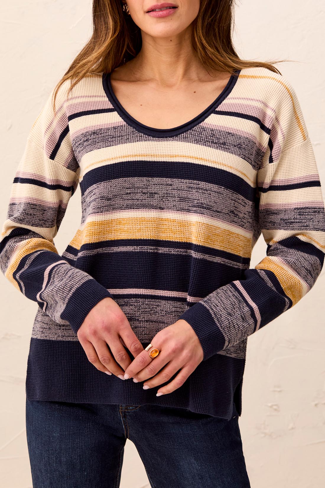 Tribal Combed Cotton U-Neck Waffle Sweater Sapphire 22540-576-0805