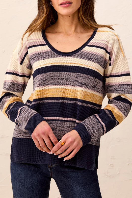 Tribal Combed Cotton U-Neck Waffle Sweater Sapphire 22540-576-0805