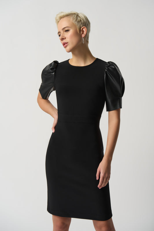 Joseph Ribkoff Dress w/Faux Leather Puffed Sleeve Black 233213