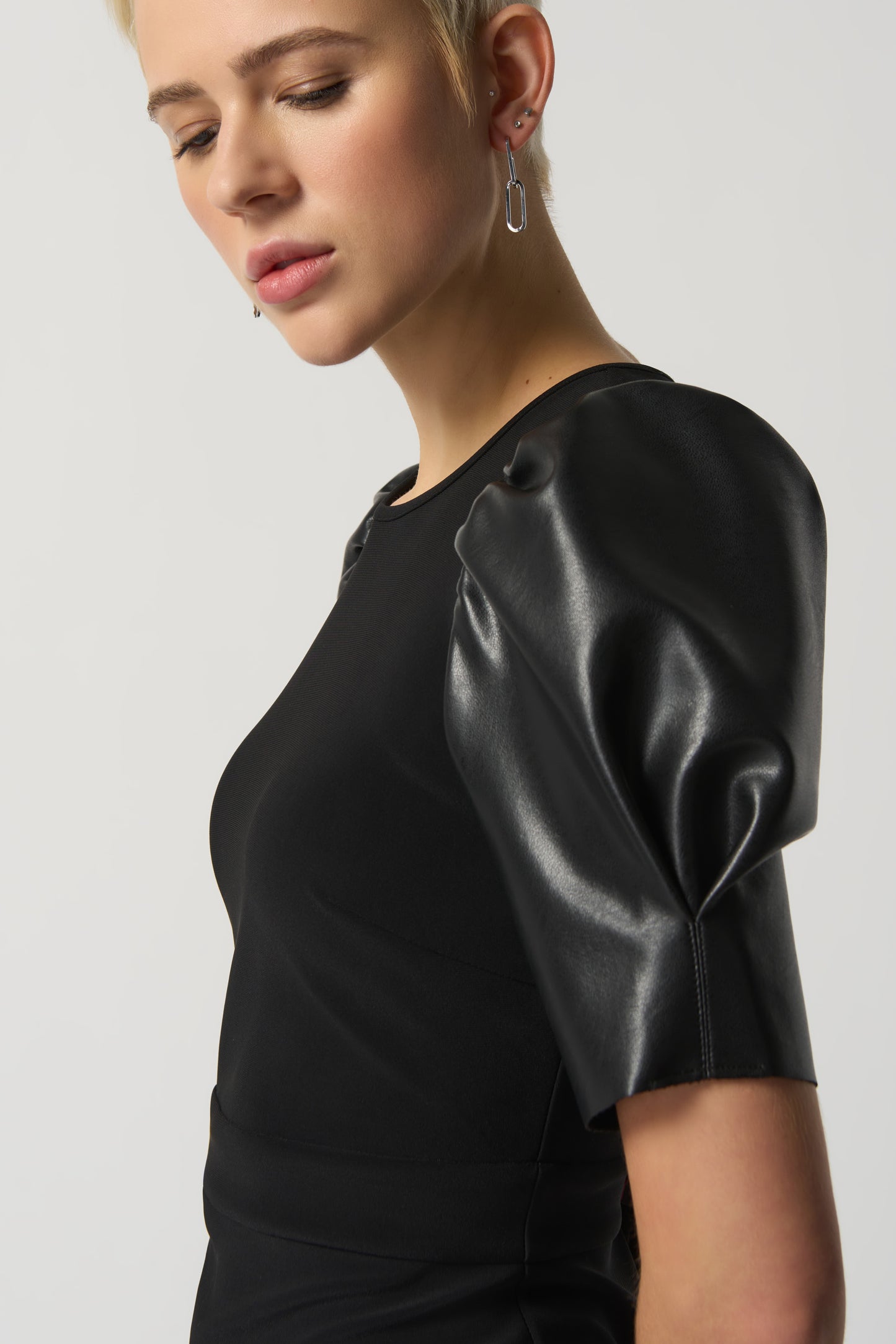 Joseph Ribkoff Dress w/Faux Leather Puffed Sleeve Black 233213