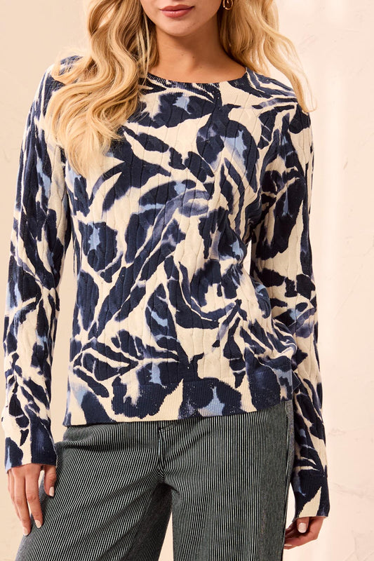 Tribal Printed Cable Cotton Crew Neck Sweater Blue Fog 23830-576-1633