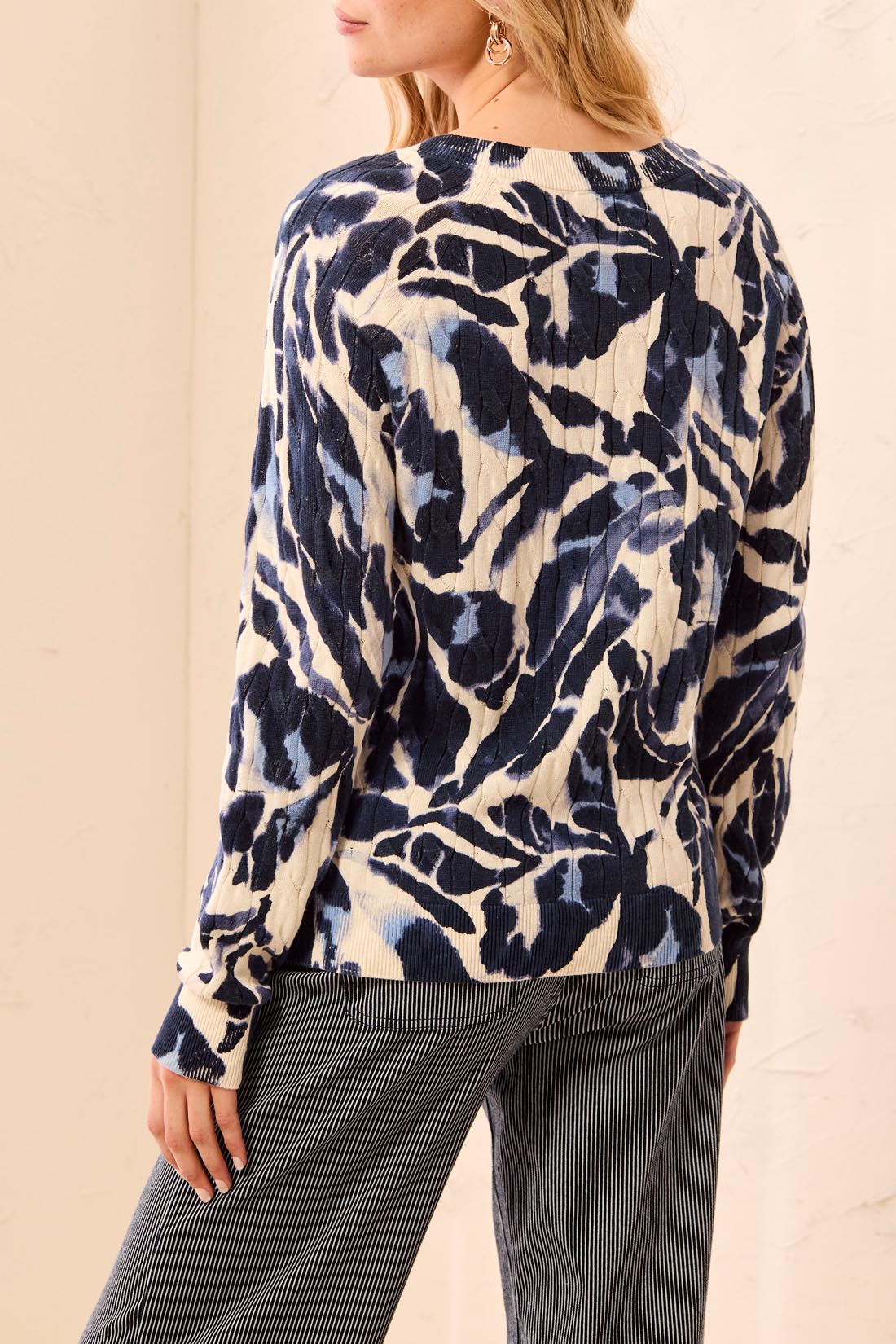 Tribal Printed Cable Cotton Crew Neck Sweater Blue Fog 23830-576-1633